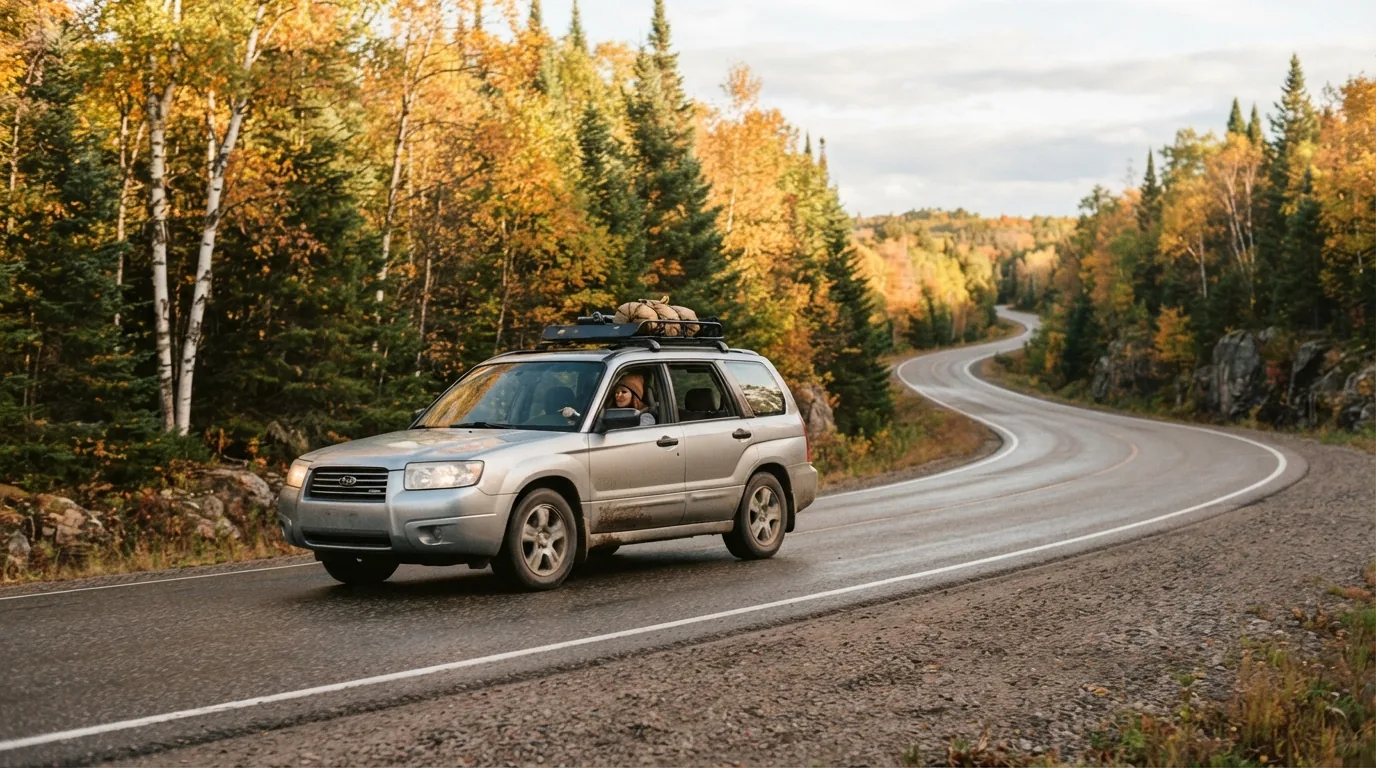A vehicle on a Northern Ontario highway in autumn