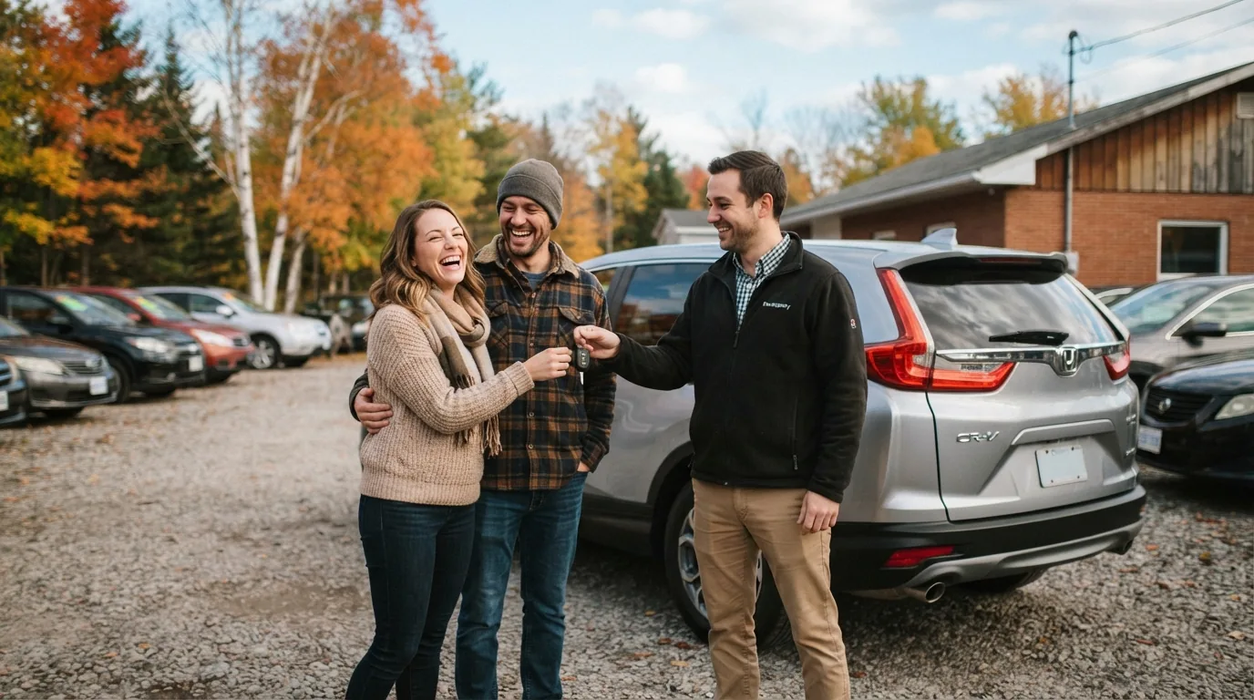 A happy couple taking the keys to their vehicle at The Motoring District