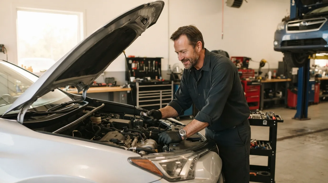 A technician servicing a vehicle in the Motoring District garage